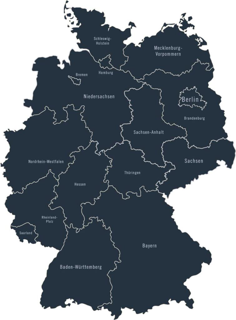 Das Bild zeit den Umriss von Deitschland und ist optisch in die einzelnen Bundesländer unterteilt und dient zur Veranschaulichung der Umzugsorte in ganz Deutschland von HeldinTrans Umzüge Berlin und Brandenburg.