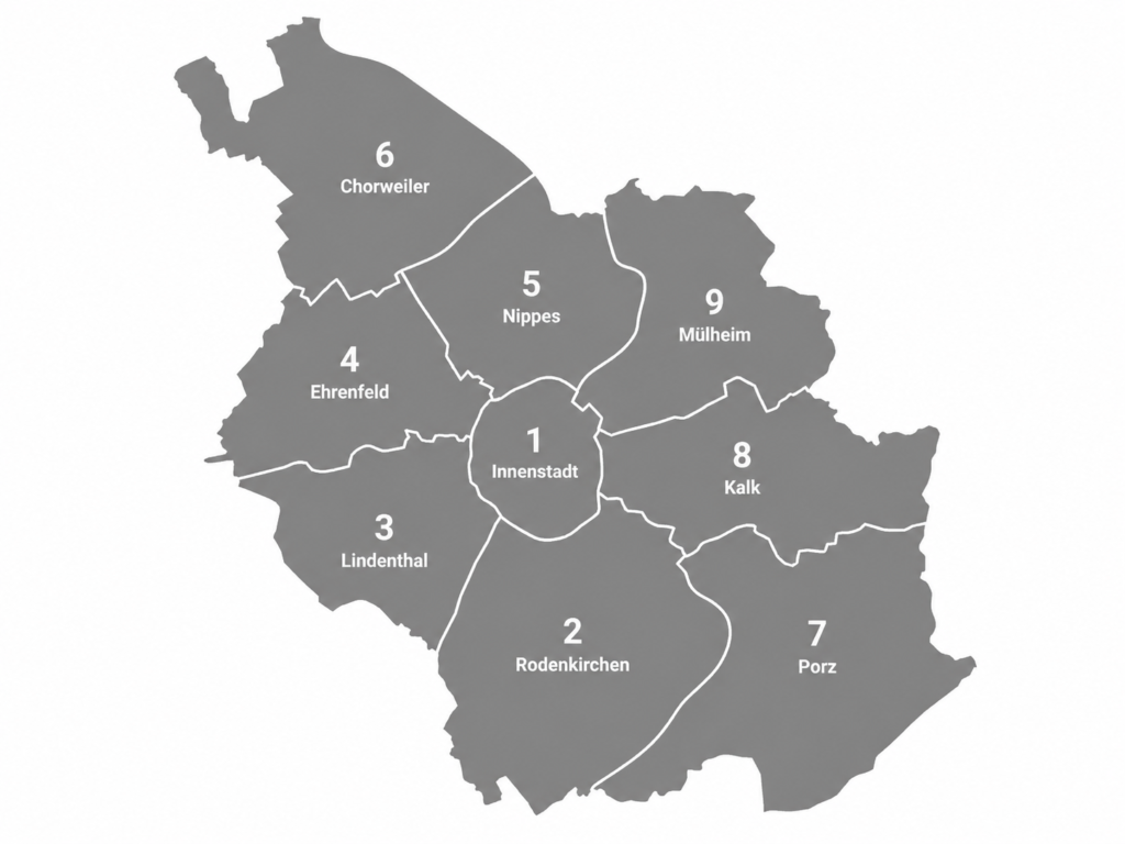 Stadtteilkarte Köln mit den neun Stadtbezirken Innenstadt, Rodenkirchen, Lindenthal, Ehrenfeld, Nippes, Chorweiler, Porz, Kalk und Mülheim für Umzüge in Köln